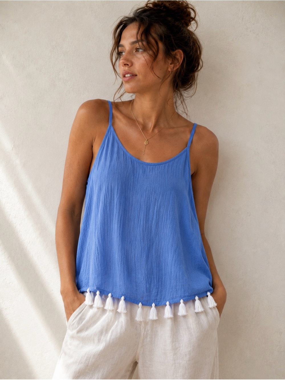 Mud Pie Blue Tassel-Hem Spaghetti Strap Tank
